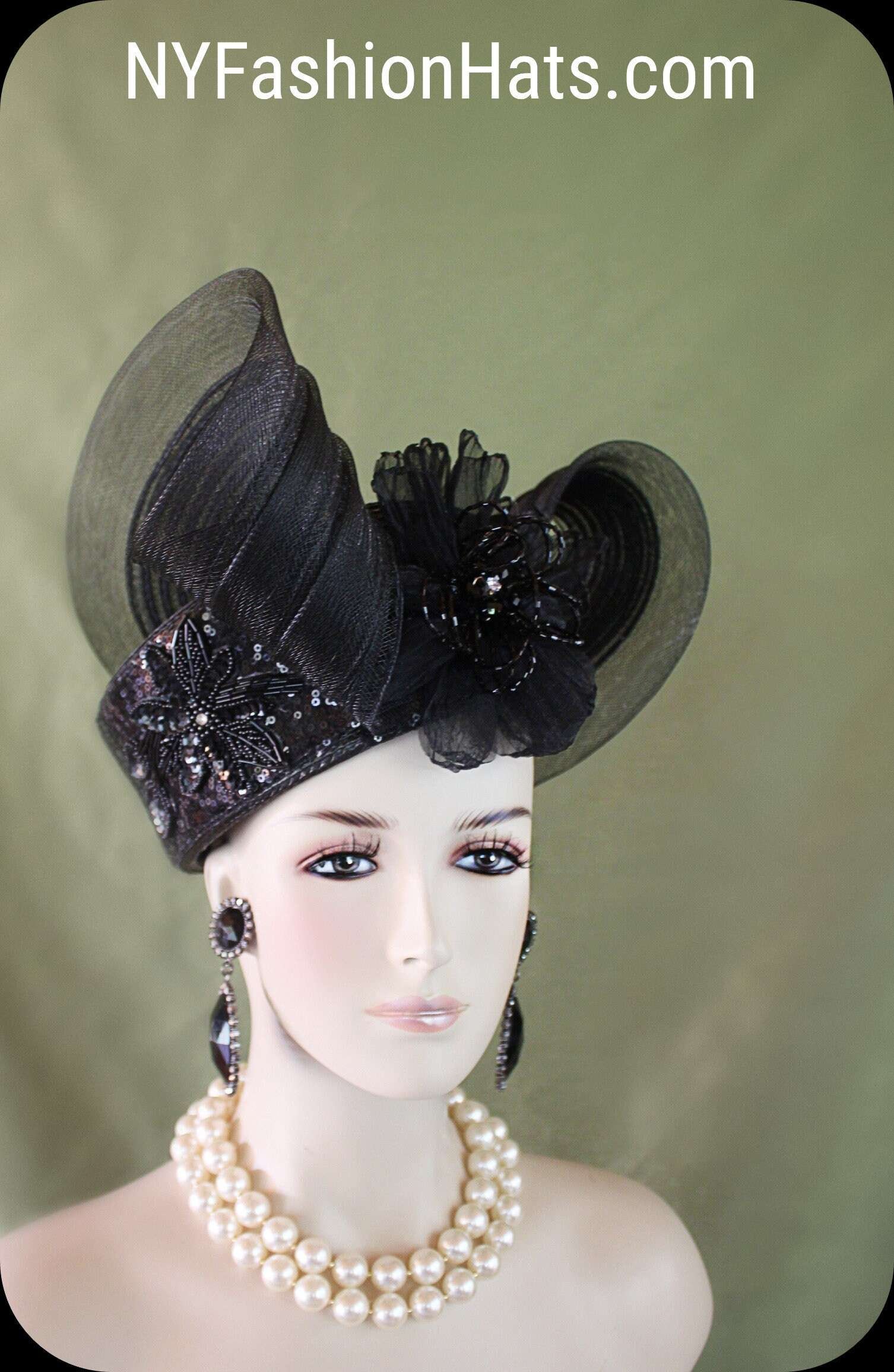 Formal Black Pillbox Beaded Sequin Wedding Hat
