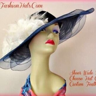 Couture Designer Navy Wide Brim Fashion Hat Feathers