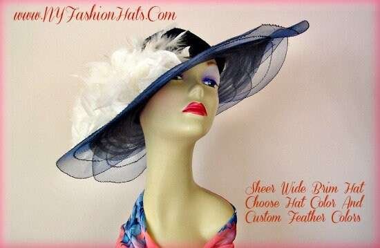 Couture Designer Navy Wide Brim Fashion Hat Feathers