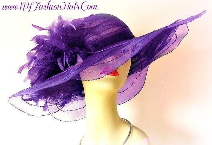 Couture Designer Navy Wide Brim Fashion Hat Feathers