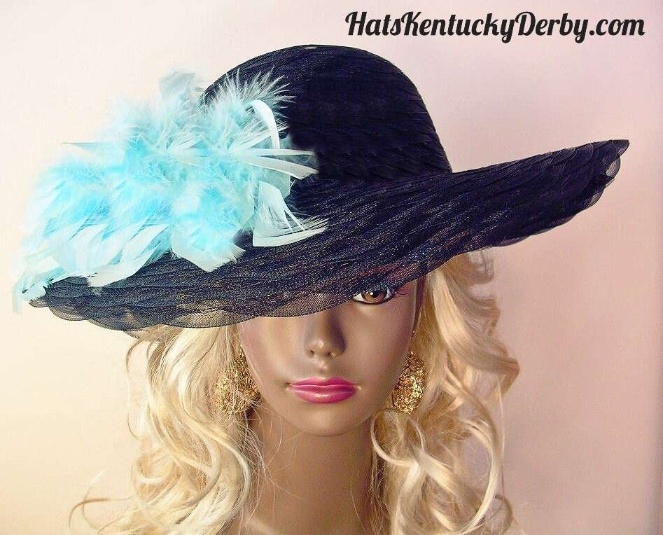 Custom Black Feather Wide Brim Kentucky Derby Hat With Your Choice Of Feather Colors