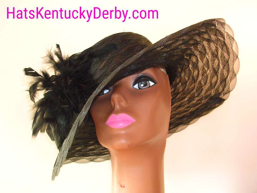 Custom Black Feather Wide Brim Kentucky Derby Hat With Your Choice Of Feather Colors