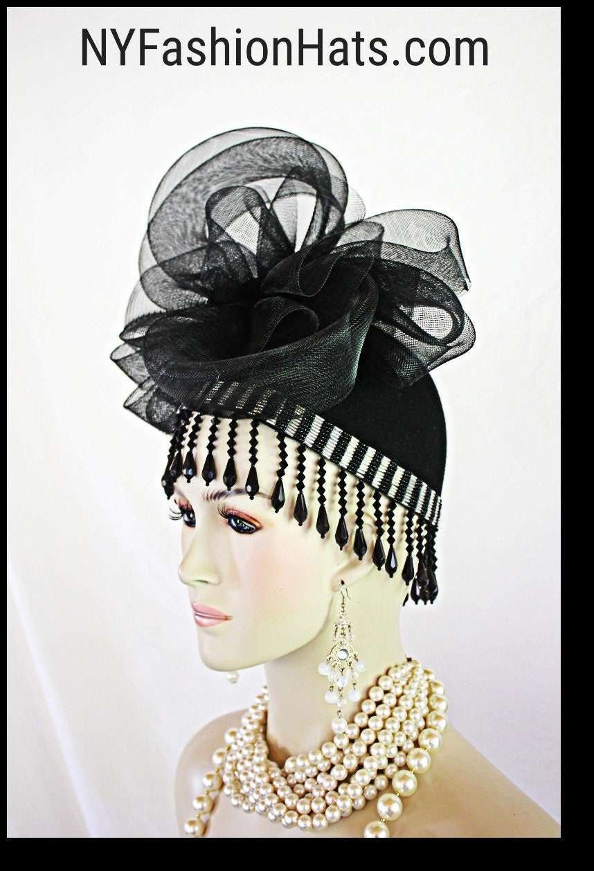 Silver Black Beaded Formal Wedding Pillbox Headpiece