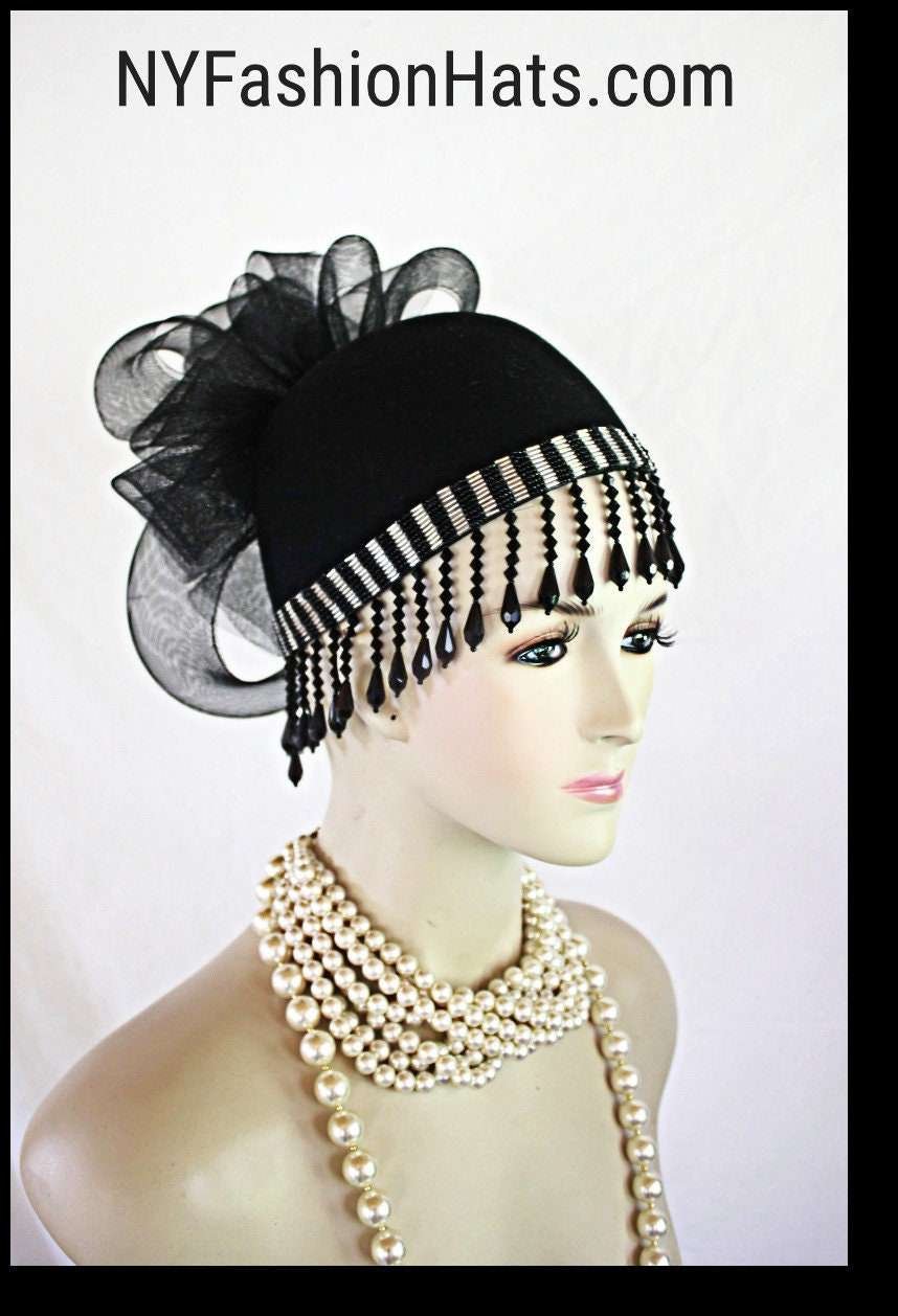 Silver Black Beaded Formal Wedding Pillbox Headpiece