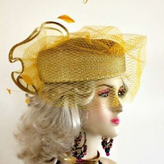 Metallic Gold Birdcage Veil Pillbox Statement Formal Wedding Hat
