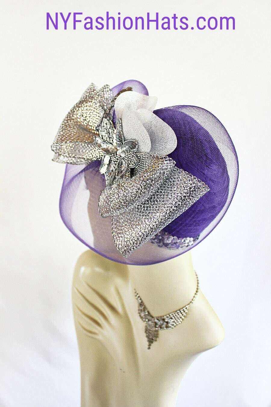 Purple Metallic Silver Pillbox Formal Wedding Bridal Hat