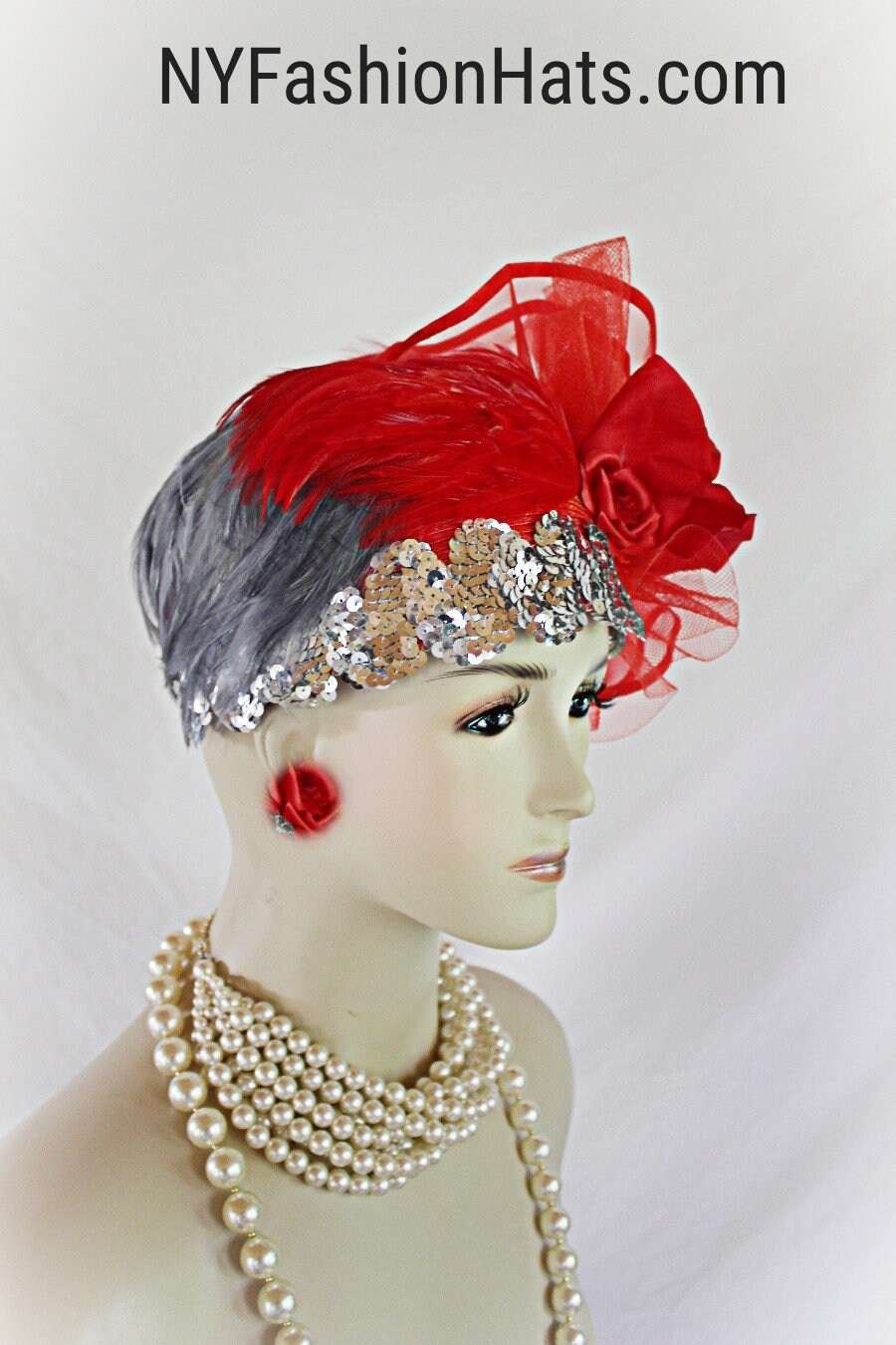 Red Gray Haute Couture Designer Pillbox Fashion Hat