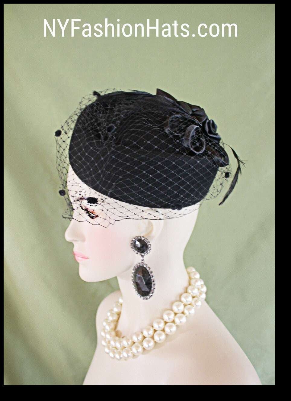 Women's Couture Designer Black Wool Satin Pillbox Hat