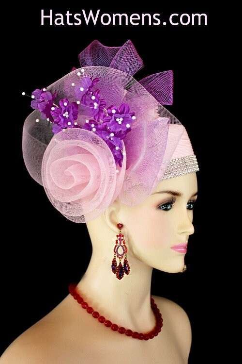 Women's Pink Purple White Pillbox Rhinestone Hat