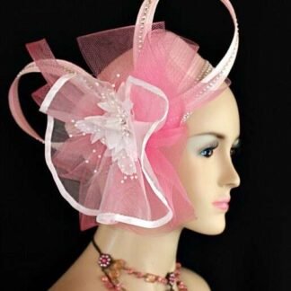 Women's pink white designer cocktail wedding pillbox hat rhinestone flowers